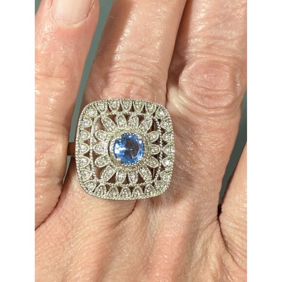 Edwardian Style Blue Rhinestone Square Pave Cocktail Ring Size 9 Statement Silve - Picture 7 of 10
